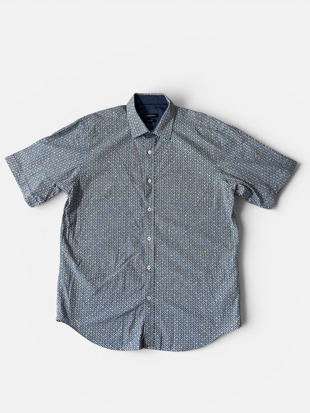 Bugatchi mens L Large colorful cube pattern classic short sleeve button up shirt